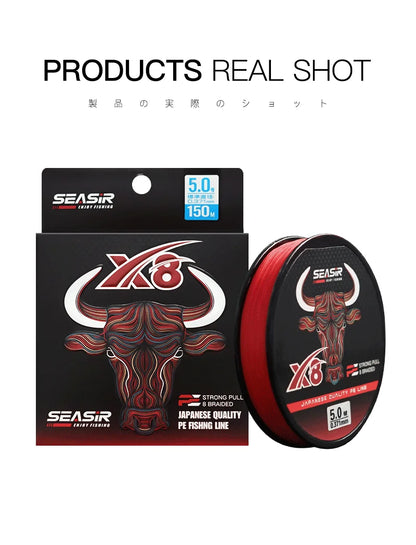 Seasir RedBull 8 Braided Pe Fishing Line 150M 0.8-5.0 12-50LB Japan Quality Multifilament High Stength Strands Main Line