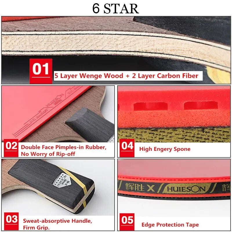 HUIESON 6-Star Carbon Table Tennis Racket Set (2-Pack)
