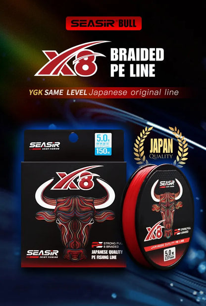 Seasir RedBull 8 Braided Pe Fishing Line 150M 0.8-5.0 12-50LB Japan Quality Multifilament High Stength Strands Main Line